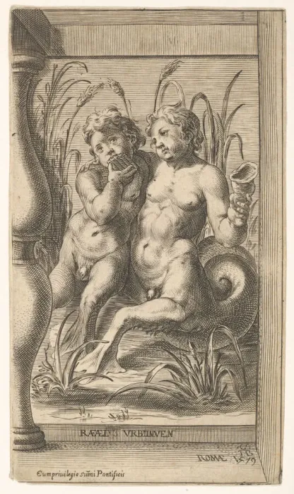 Framed Print : Two tritons embracing, one playing a panpipe, the second holding a conch shell set within Framed Print : Two tritons embracing, one playing a panpipe, the second holding a conch shell set within