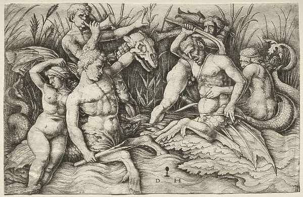 Two Tritons fighting - Battle of the Sea Gods (right portion). Creator: Daniel I Hopfer (German, c