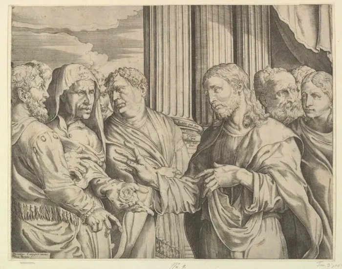 Framed Print : The Triubute Money: Christ at center right gesturing to man at his left with coins Framed Print : The Triubute Money: Christ at center right gesturing to man at his left with coins