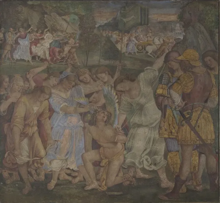 Framed Print : The Triumph of Chastity: Love Disarmed and Bound (Frescoes from Palazzo del Magnifico, Siena), 1509. Artist: Signorelli, Luca (ca 1441-1523) Framed Print : The Triumph of Chastity: Love Disarmed and Bound (Frescoes from Palazzo del Magnifico, Siena), 1509. Artist: Signorelli, Luca (ca 1441-1523)