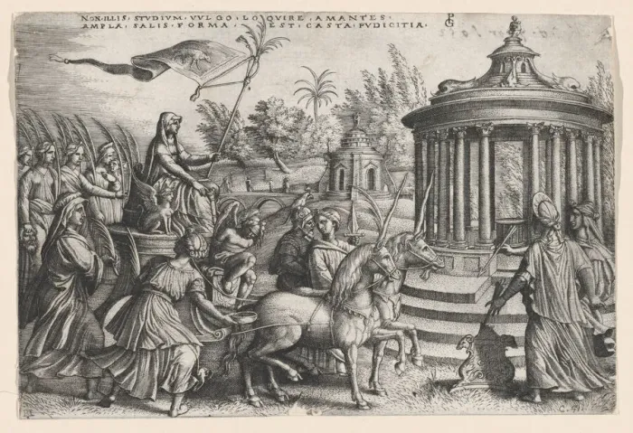 Framed Print : The Triumph of Chastity on Love, from the Triumphs of Petrarch. Creator: Georg Pencz Framed Print : The Triumph of Chastity on Love, from the Triumphs of Petrarch. Creator: Georg Pencz