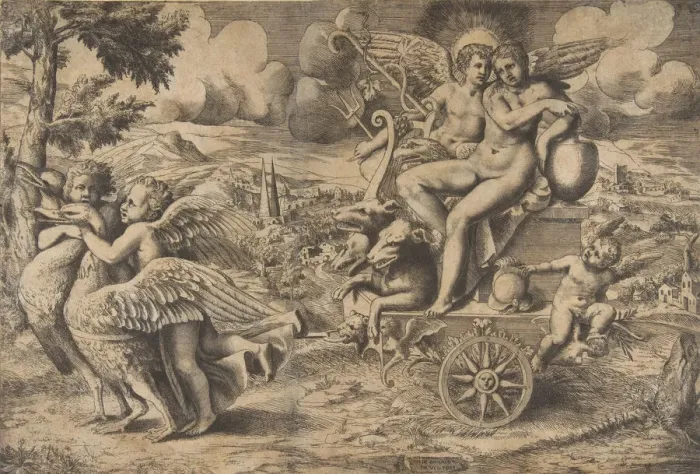 Framed Print : The triumph of Cupid and Psyche who are seated on a chariot drawn by two birds rest Framed Print : The triumph of Cupid and Psyche who are seated on a chariot drawn by two birds rest