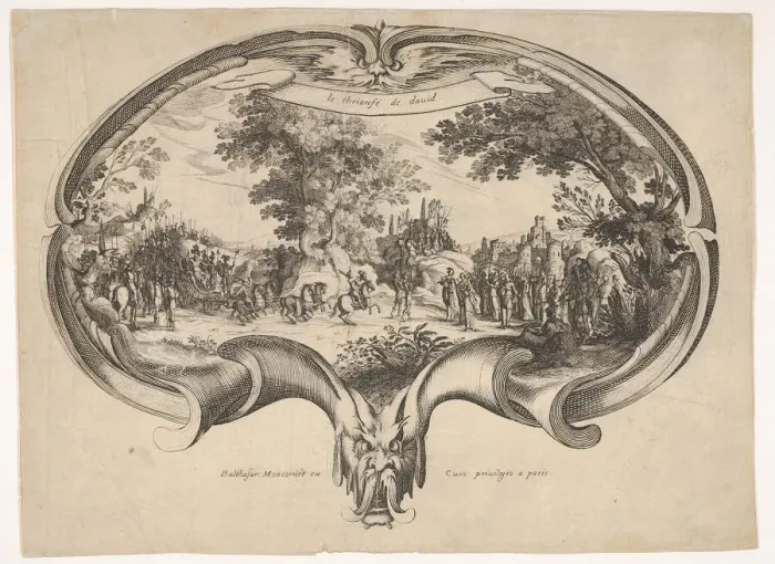 Framed Print : The Triumph of David, from a fan by Jacques Callot. Creators: Charles-Nicolas Cochin Framed Print : The Triumph of David, from a fan by Jacques Callot. Creators: Charles-Nicolas Cochin
