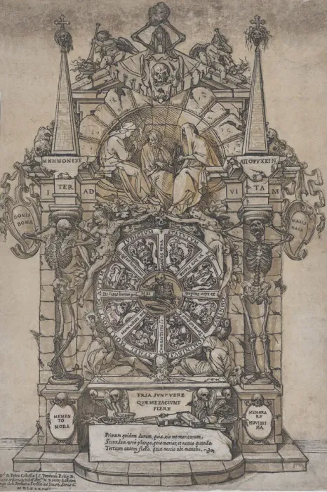 Framed Print : Triumph of Death with three fates in an architectural frame above a wheel of fortune Framed Print : Triumph of Death with three fates in an architectural frame above a wheel of fortune