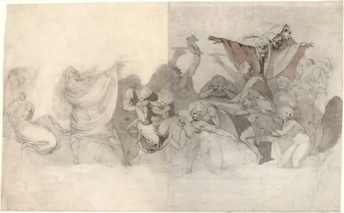 Framed Print : Triumph of Death: Three Skeletons Invading a Bacchanal Orchestrated by a Magician or an... 1770-71. Creator: Henry Fuseli Framed Print : Triumph of Death: Three Skeletons Invading a Bacchanal Orchestrated by a Magician or an... 1770-71. Creator: Henry Fuseli