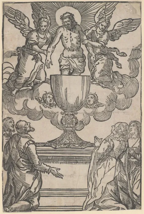 Framed Print : The Triumph of the Eucharist, Christ as the Man of Sorrows supported by two angel... ca. 1550-1600. Creator: Anon Framed Print : The Triumph of the Eucharist, Christ as the Man of Sorrows supported by two angel... ca. 1550-1600. Creator: Anon