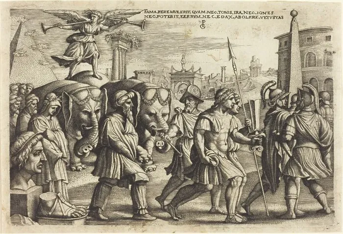 Framed Print : The Triumph of Fame, c. 1539. Creator: Georg Pencz Framed Print : The Triumph of Fame, c. 1539. Creator: Georg Pencz