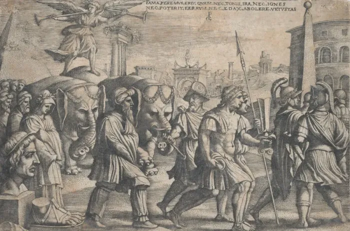 Framed Print : The Triumph of Fame on Chastity, from The Triumphs of Petrarch. Creator: Georg Pencz Framed Print : The Triumph of Fame on Chastity, from The Triumphs of Petrarch. Creator: Georg Pencz