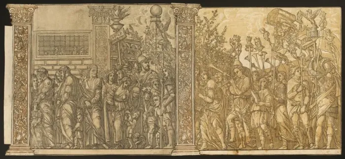 Framed Print : The Triumph of Julius Caesar [no. 7 and 8 plus 2 columns], 1599. Creator: Andrea Andreani
