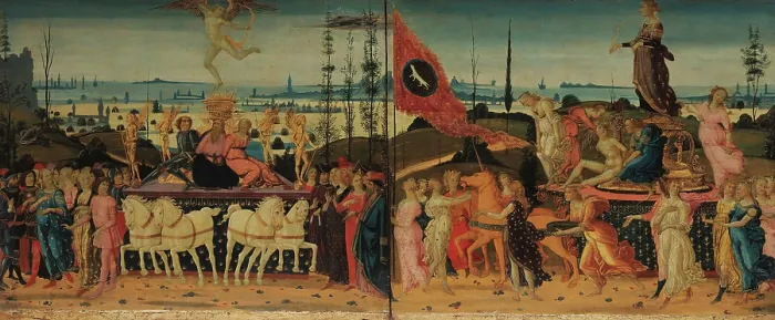 Framed Print : Triumph of Love and Triumph of Chastity, 1485-1490. Creator: Jacopo del Sellaio (1442-1493) Framed Print : Triumph of Love and Triumph of Chastity, 1485-1490. Creator: Jacopo del Sellaio (1442-1493)
