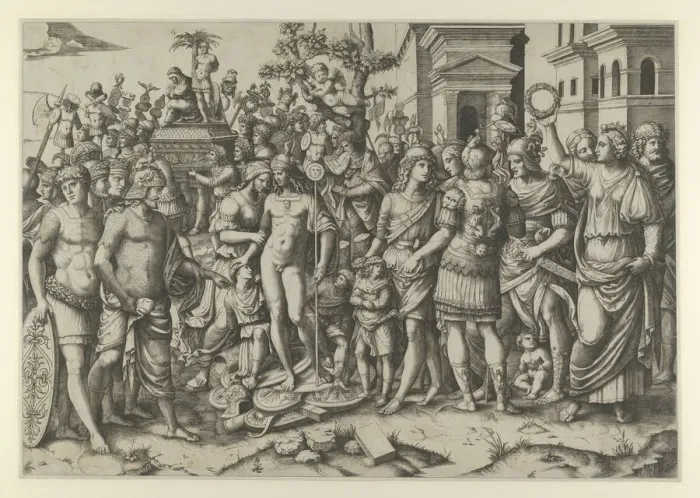Framed Print : The triumph of a Roman Emperor; a young naked hero stands at center on a pile of armor... ca. 1510. Creator: Marcantonio Raimondi Framed Print : The triumph of a Roman Emperor; a young naked hero stands at center on a pile of armor... ca. 1510. Creator: Marcantonio Raimondi