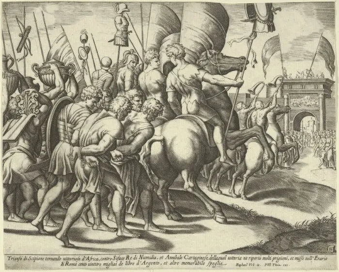 Framed Print : The Triumph of Scipio who rides on a horse followed by captured slaves, 1530-60. Creator: Master of the Die Framed Print : The Triumph of Scipio who rides on a horse followed by captured slaves, 1530-60. Creator: Master of the Die