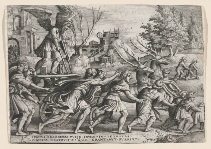Framed Print : The Triumph of Time on Fame, from The Triumphs of Petrarch. Creator: Georg Pencz Framed Print : The Triumph of Time on Fame, from The Triumphs of Petrarch. Creator: Georg Pencz