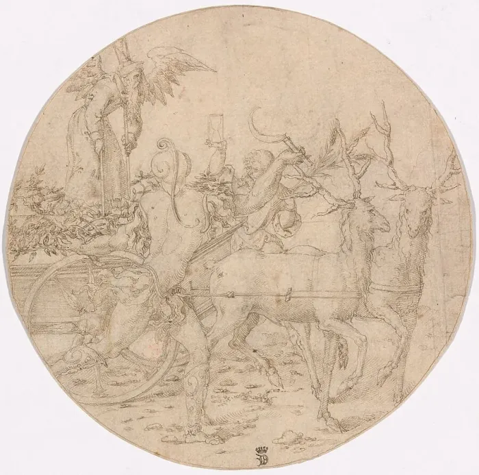Framed Print : The Triumph of Time (recto); Sketch of a Stag (verso), c.1517. Creators: Unknown, Dirck Vellert Framed Print : The Triumph of Time (recto); Sketch of a Stag (verso), c.1517. Creators: Unknown, Dirck Vellert