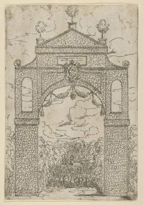 Framed Print : Triumphal arch covered in foliage with mounted troops below Framed Print : Triumphal arch covered in foliage with mounted troops below