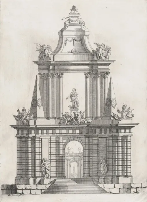 Framed Print : Triumphal arch with three crowns at top, a fountain in the distance, 1726 Framed Print : Triumphal arch with three crowns at top, a fountain in the distance, 1726