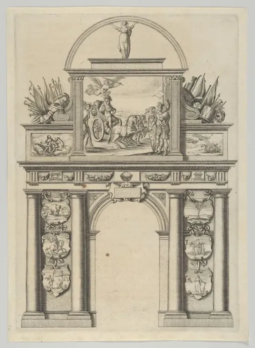 Framed Print : Triumphal arch, from Eloges et discours sur la triomphante reception du Roy en sa ville d... 1629. Creator: Melchior Tavernier Framed Print : Triumphal arch, from Eloges et discours sur la triomphante reception du Roy en sa ville d... 1629. Creator: Melchior Tavernier