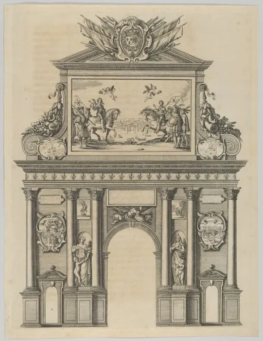 Framed Print : Triumphal arch, from Eloges et discours sur la triomphante reception du Roy en sa ville d... 1629. Creator: Melchior Tavernier Framed Print : Triumphal arch, from Eloges et discours sur la triomphante reception du Roy en sa ville d... 1629. Creator: Melchior Tavernier