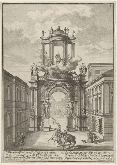 Framed Print : Triumphal arch erected by the foreign merchants of Vienna for the marriage of Joseph... after 1699. Creator: Johann Adam Delsenbach