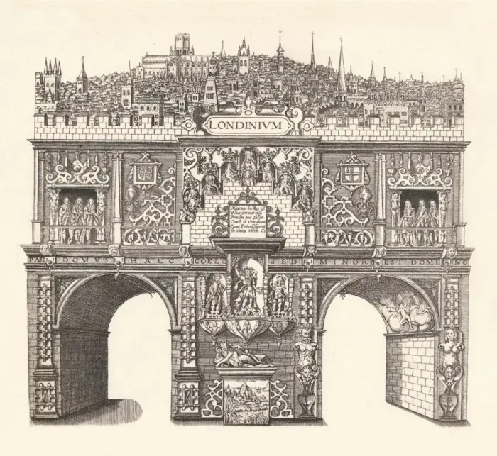 Framed Print : Triumphal Arch Erected in Honour of King Jamess Entrance into and passage through London, 1604, ( Artist: Stephen Harrison Framed Print : Triumphal Arch Erected in Honour of King Jamess Entrance into and passage through London, 1604, ( Artist: Stephen Harrison