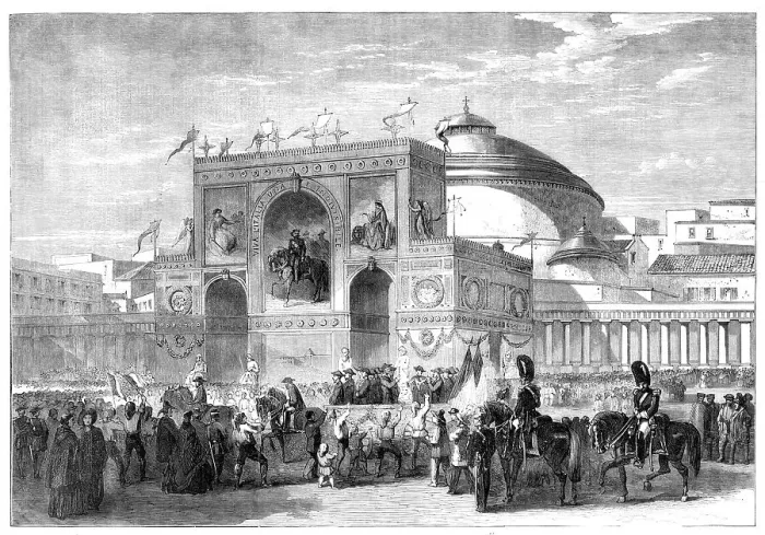 Framed Print : Triumphal Arch erected at Naples during the Fetes recently held in that city - musicians... 1860. Creator: Unknown Framed Print : Triumphal Arch erected at Naples during the Fetes recently held in that city - musicians... 1860. Creator: Unknown