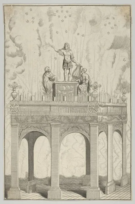 Framed Print : Triumphal arch with sculpture of Louis XIV as Apollo and fireworks in the backgrou... 17th century. Creator: Anon Framed Print : Triumphal arch with sculpture of Louis XIV as Apollo and fireworks in the backgrou... 17th century. Creator: Anon