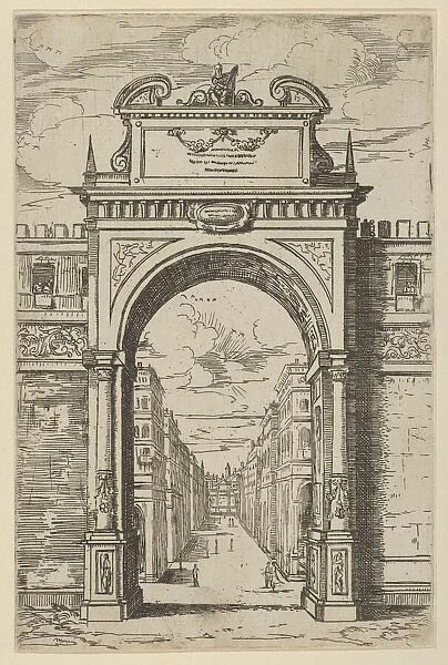Triumphal arch surmounted by a statue of Moses, buildings seen through the arch below