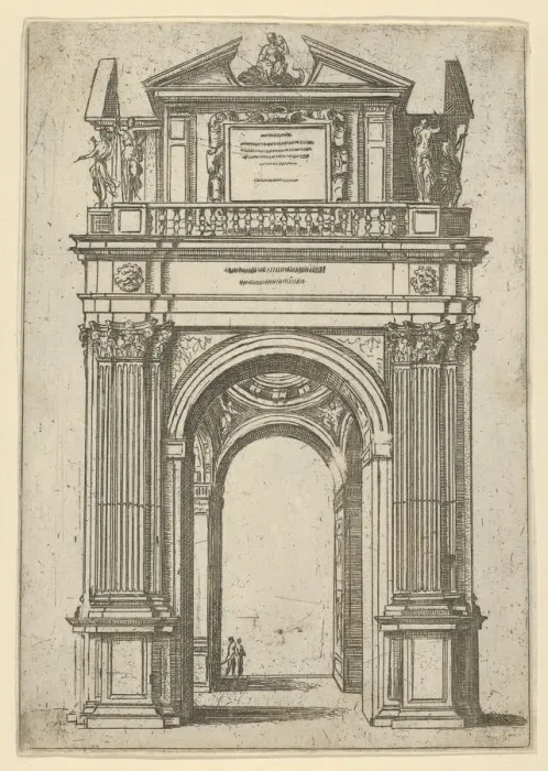 Framed Print : Triumphal arch surmounted by woman seated on a dolphin, four standing figures below Framed Print : Triumphal arch surmounted by woman seated on a dolphin, four standing figures below