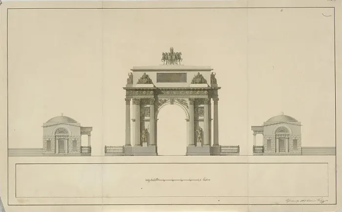 Framed Print : Triumphal Arch by Tverskaya Zastava in Moscow, 1826-1829. Artist: Bove (Bowe), Joseph (Osip Ivanovich) (1784-1834) Framed Print : Triumphal Arch by Tverskaya Zastava in Moscow, 1826-1829. Artist: Bove (Bowe), Joseph (Osip Ivanovich) (1784-1834)