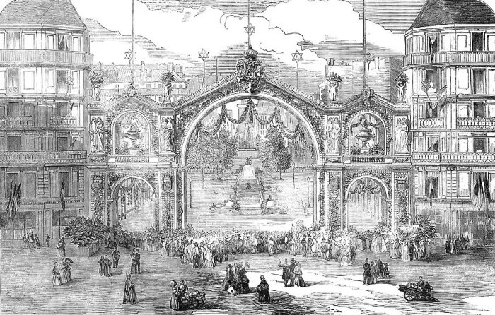 Framed Print : Triumphal Arch at the Victoria-Avenue, Place de l'Hotel de Ville - from a photograph by Richebourg, Creator: Unknown Framed Print : Triumphal Arch at the Victoria-Avenue, Place de l'Hotel de Ville - from a photograph by Richebourg, Creator: Unknown