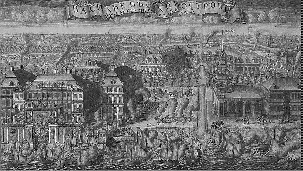 Triumphal Bringing of Swedish Ships into St Petersburg after the Victory off the Hanko Peninsula, 1714. Artist: Zubov, Alexei Fyodorovich (1682-after 1750)