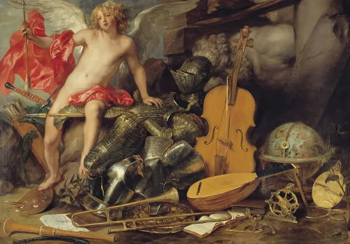 Framed Print : Triumphant Cupid among Emblems of Art and War, 17th century. Creators: Thomas Willeboirts, Paul de Vos Framed Print : Triumphant Cupid among Emblems of Art and War, 17th century. Creators: Thomas Willeboirts, Paul de Vos