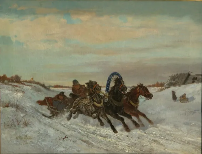 Framed Print : Troika on a Winter Road, End 1860s-Early 1870s. Artist: Sverchkov, Nikolai Yegorovich (1817-1898) Framed Print : Troika on a Winter Road, End 1860s-Early 1870s. Artist: Sverchkov, Nikolai Yegorovich (1817-1898)