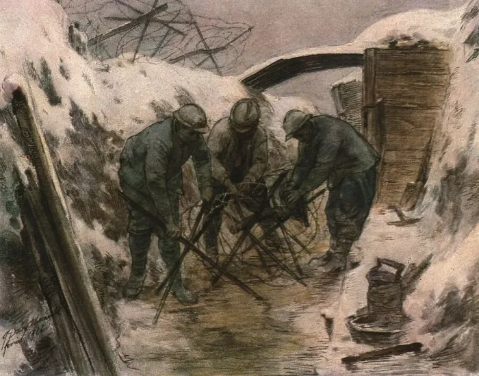 Framed Print : Trois aquarelles du front; construction de reseaux barbeles dans une tranchee... 1916. Creator: Douy Pascault Framed Print : Trois aquarelles du front; construction de reseaux barbeles dans une tranchee... 1916. Creator: Douy Pascault