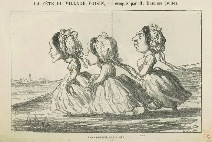 Framed Print : Trois demoiselles a marier; Famille bourgeoise convaincue... 19th century. Creator: Honore Daumier Framed Print : Trois demoiselles a marier; Famille bourgeoise convaincue... 19th century. Creator: Honore Daumier