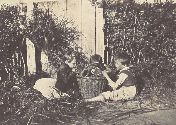 Trois jeunes enfants assis autour d un panier, 1850-53. Creator: Unknown
