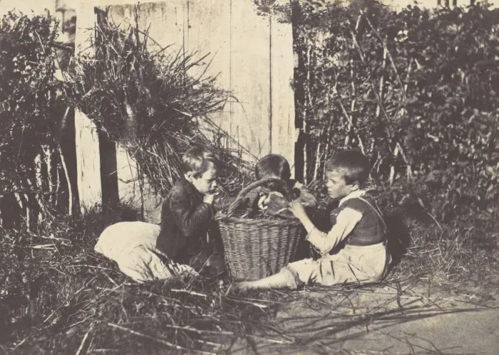 Framed Print : Trois jeunes enfants assis autour d un panier, 1850-53. Creator: Unknown Framed Print : Trois jeunes enfants assis autour d un panier, 1850-53. Creator: Unknown