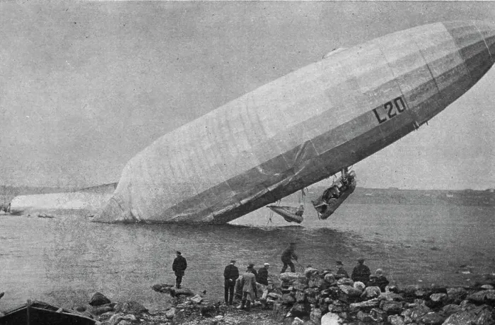 Framed Print : Trois Zeppelins detruits en trois jours. Le L20 dans un fjord de Norvege; En derivant... 1916. Creator: Unknown. Trois Zeppelins detruits en trois jours. Le L20 dans un fjord de Norvege; En derivant... 1916. Creator: Unknown Framed Print : Trois Zeppelins detruits en trois jours. Le L20 dans un fjord de Norvege; En derivant... 1916. Creator: Unknown. Trois Zeppelins detruits en trois jours. Le L20 dans un fjord de Norvege; En derivant... 1916. Creator: Unknown