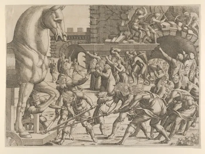 Framed Print : The Trojans Bring the Wooden Horse into Their City, 1535-55. Creator: Jean Mignon Framed Print : The Trojans Bring the Wooden Horse into Their City, 1535-55. Creator: Jean Mignon