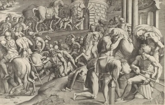 Framed Print : The Trojans hauling the wooden horse into Troy, 1545. Creator: Giulio Bonasone Framed Print : The Trojans hauling the wooden horse into Troy, 1545. Creator: Giulio Bonasone