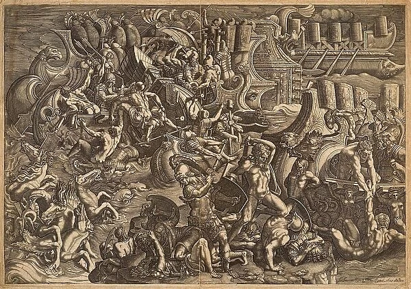 The Trojans repulsing the Greeks. After Giulio Romano, 1538. Creator: Scultori (called Mantovano), Giovanni Battista (1503-1575)