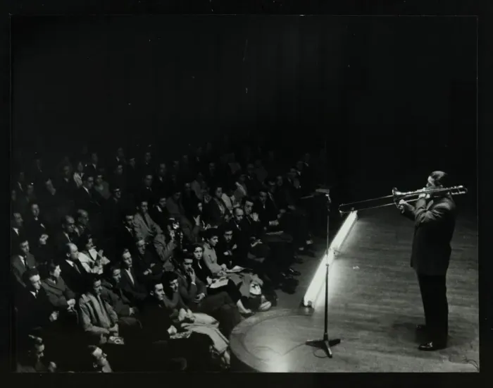 Framed Print : Trombonist and bandleader Jack Teagarden on stage at Colston Hall, Bristol, 1957 Framed Print : Trombonist and bandleader Jack Teagarden on stage at Colston Hall, Bristol, 1957