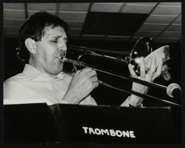 Framed Print : Trombonist Derek Wadsworth playing at The Fairway, Welwyn Garden City, Hertfordshire, 28 July 1991 Framed Print : Trombonist Derek Wadsworth playing at The Fairway, Welwyn Garden City, Hertfordshire, 28 July 1991