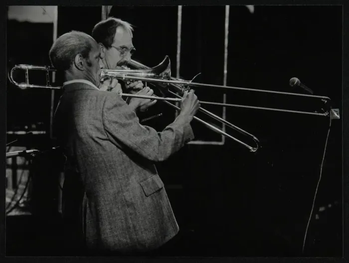 Framed Print : Trombonists Don Lusher and Vic Dickenson playing at the Capital Radio Jazz Festival Framed Print : Trombonists Don Lusher and Vic Dickenson playing at the Capital Radio Jazz Festival