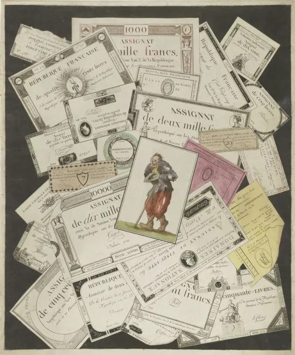 Framed Print : Trompe l oeil with the Assignats, c. 1796. Artist: Hunin, Joseph (1770-1851) Framed Print : Trompe l oeil with the Assignats, c. 1796. Artist: Hunin, Joseph (1770-1851)
