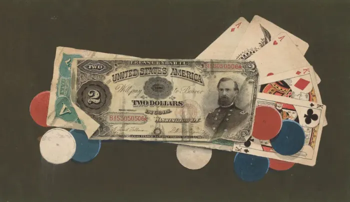 Framed Print : Trompe l Oeil: A Full House with Chips, $2 and $5 Bills, c. 1895. Creator: Unknown Framed Print : Trompe l Oeil: A Full House with Chips, $2 and $5 Bills, c. 1895. Creator: Unknown