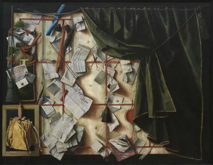 Framed Print : Trompe l oeil. Letter Rack with Proclamation by Frederik III, 1672 Framed Print : Trompe l oeil. Letter Rack with Proclamation by Frederik III, 1672