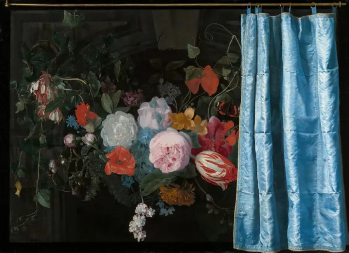 Framed Print : Trompe-l Oeil Still Life with a Flower Garland and a Curtain, 1658 Framed Print : Trompe-l Oeil Still Life with a Flower Garland and a Curtain, 1658