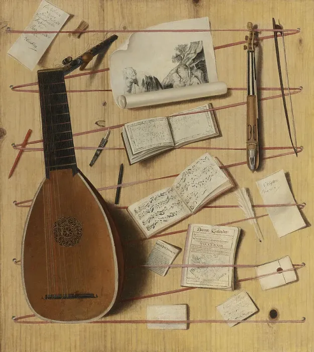 Framed Print : Trompe l oeil still life with a lute, rebec and music sheets. Artist: Gijsbrechts, Cornelis Norbertus (before 1657-after 1675)