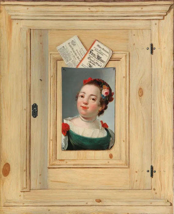 Framed Print : Trompe l oeil with the portrait of a young woman, 1755. Creator: Juncker, Justus (1703-1767) Framed Print : Trompe l oeil with the portrait of a young woman, 1755. Creator: Juncker, Justus (1703-1767)